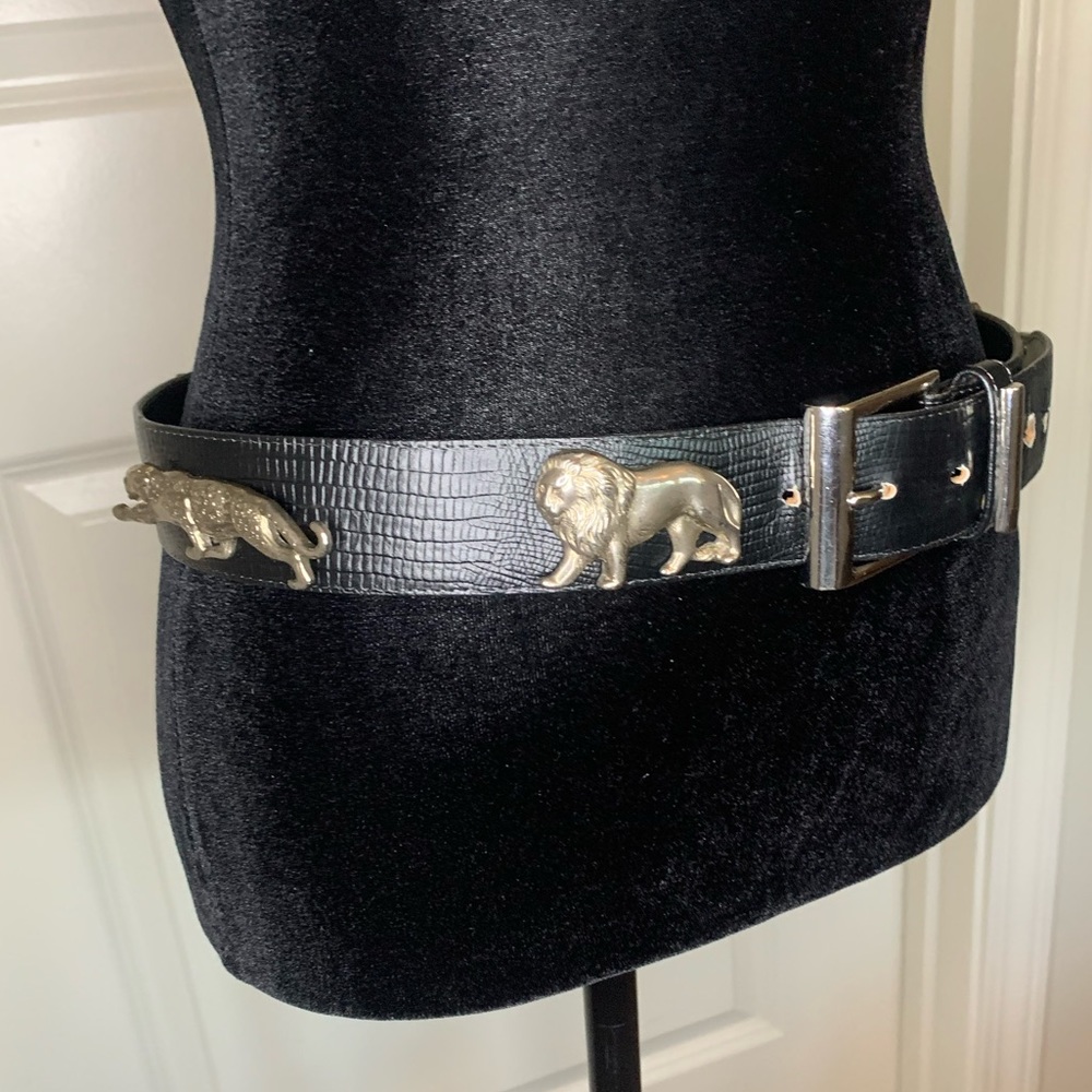 Vintage Sandy Duftler Designs Belt Size Large Black Leather with Silver Animals